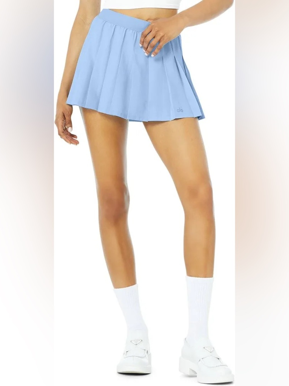 ALO Yoga Varsity Pleated Tennis Mini Skirt in Blue Skies (limited edition)